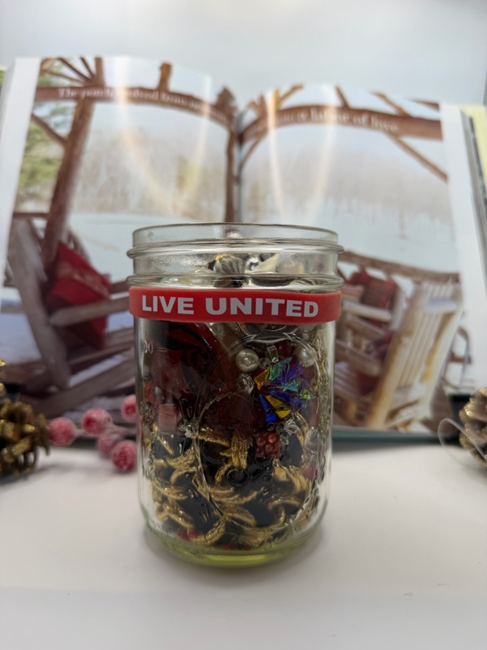 Red Band Jewelry Jar Filled with Mixed Jewelry